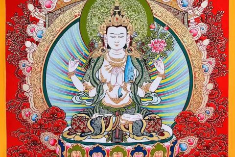 ｜已结缘·可定制｜唐卡寄卖编号：JM·188-965456-四臂观音虹光法身宝座平安供养图（红唐）