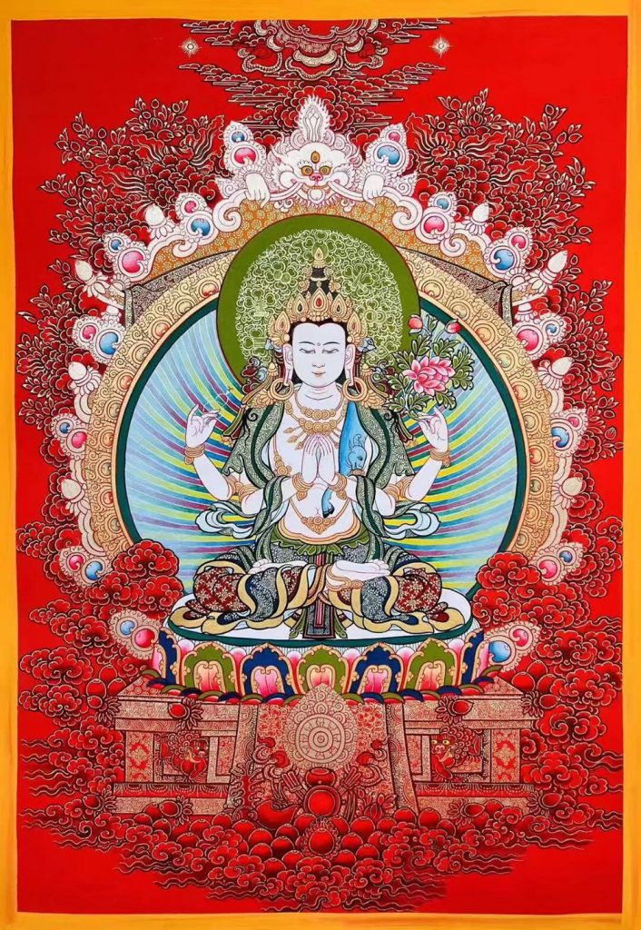 ｜已结缘·可定制｜唐卡寄卖编号：JM·188-965456-四臂观音虹光法身宝座平安供养图（红唐）