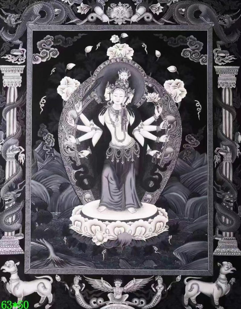 【希少】時代物　唐卡 唐物 仏様 唐卡寄卖编号：JM·188-811474-阿弥陀三尊三世佛吉祥供养图（蓝唐