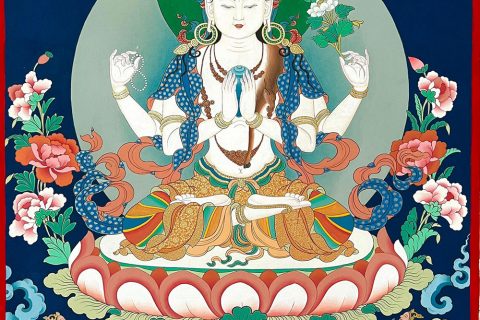 ｜已结缘·可定制｜唐卡寄卖编号：JM·188-149624-四臂观音莲台花海平安供养图（彩唐）
