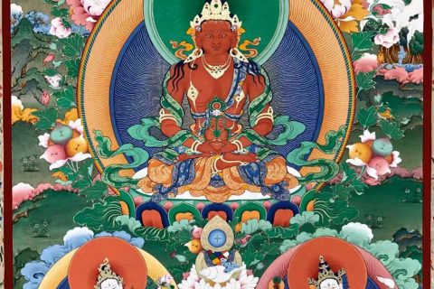 编号188-228120：彩绘唐卡-长寿佛·长寿三尊（80*60CM左右）