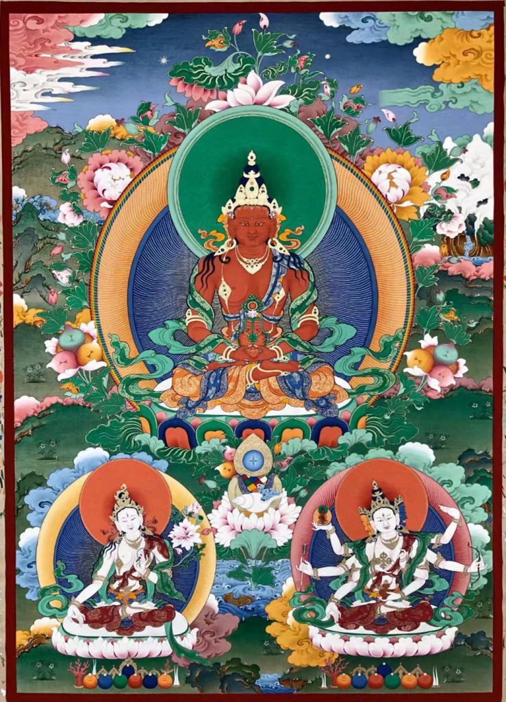 编号188-228120：彩绘唐卡-长寿佛·长寿三尊（80*60CM左右）