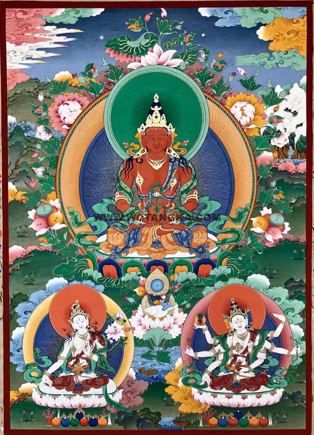 编号188-228120:彩绘唐卡-长寿佛·长寿三尊(80*60CM左右)