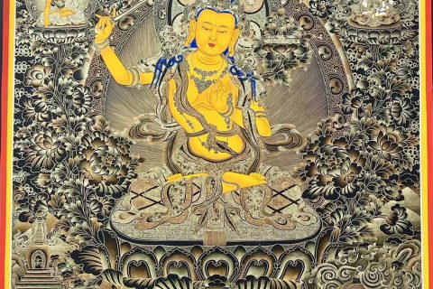 热贡-拉旦本·画院：黑金唐卡-文殊菩萨·三怙主（100*70CM左右）