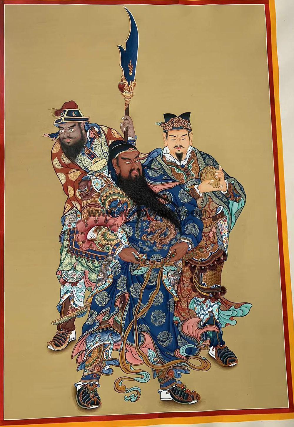 热贡-巴桑·画院:彩绘唐卡-关公·伽蓝菩萨(80*60CM左右)