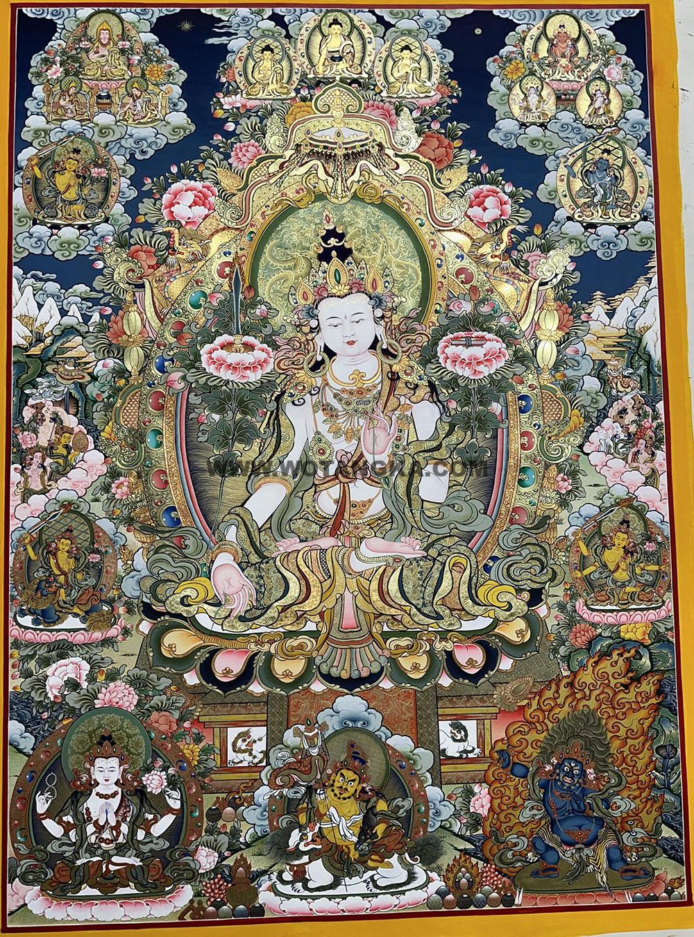 |已结缘·可定制|唐卡寄卖编号:JM·188-439318-白文殊五部文殊众三天界吉祥智慧供养图(彩唐)