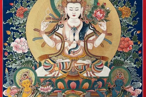 ｜已结缘·可定制｜唐卡寄卖编号：JM·188-479167-四臂观音雪域三怙主天界三世佛如意平安供养图（彩唐）