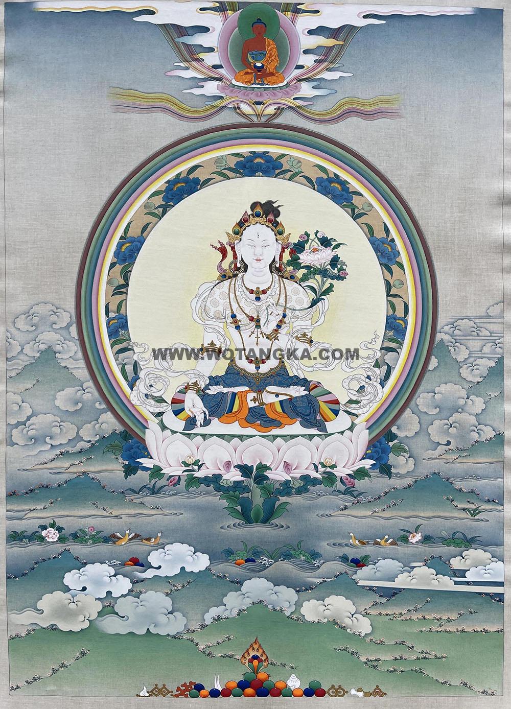 |已结缘·可定制|唐卡寄卖编号:JM·188-736484-白度母白莲台海阿弥陀佛化现平安供养图(彩唐)