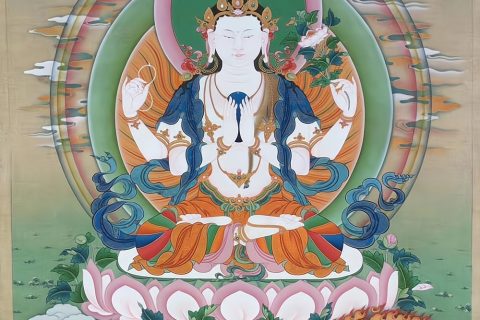 ｜已结缘·可定制｜唐卡寄卖编号：JM·188-783853-四臂观音雪域三怙主天界三上师吉祥平安供养图（彩唐）