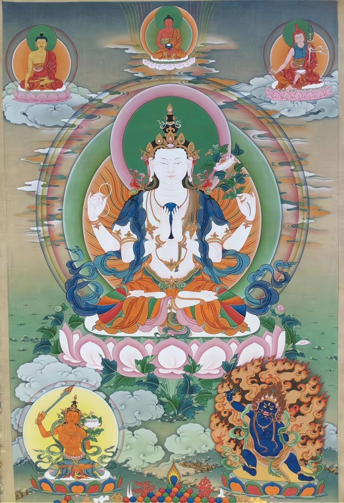 ｜已结缘·可定制｜唐卡寄卖编号：JM·188-783853-四臂观音雪域三怙主天界三上师吉祥平安供养图（彩唐）