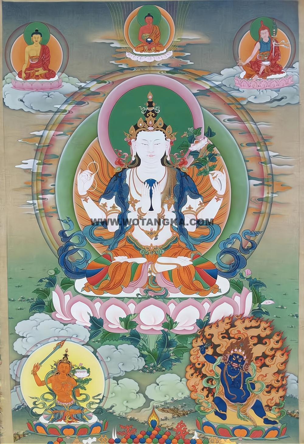 |已结缘·可定制|唐卡寄卖编号:JM·188-783853-四臂观音雪域三怙主天界三上师吉祥平安供养图(彩唐)
