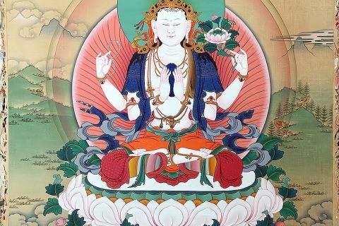 ｜已结缘·可定制｜唐卡寄卖编号：JM·188-805613-四臂观音雪莲台天界阿弥陀佛化现平安供养图（彩唐）
