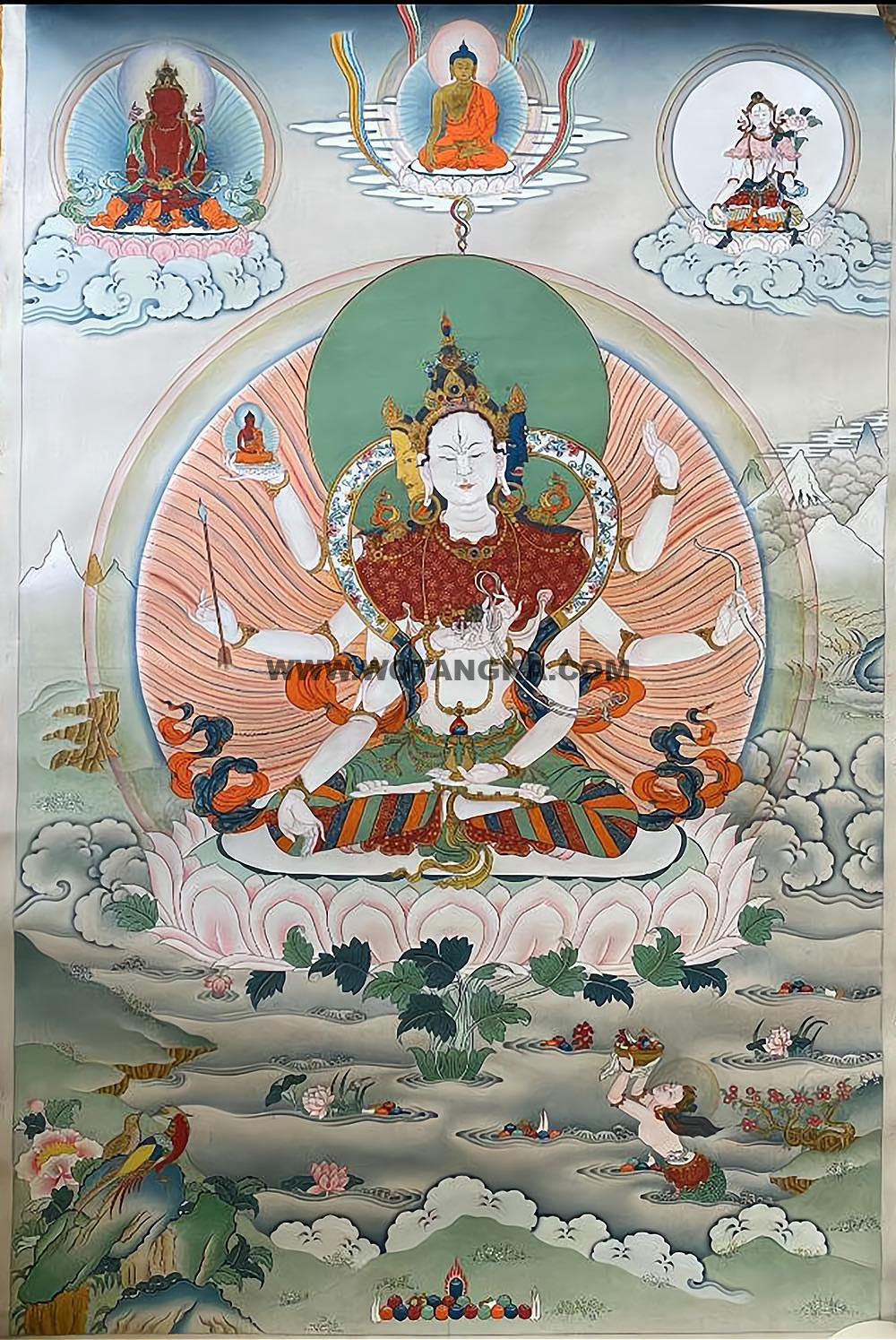 |已结缘·可定制|唐卡寄卖编号:JM·188-841624-尊胜佛母平安莲长寿尊天界佛陀化现长寿供养图(彩唐)