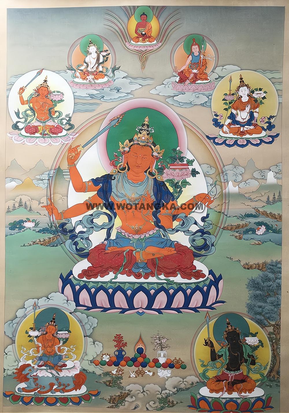 |已结缘·可定制|唐卡寄卖编号:JM·188-844172-四臂文殊菩萨五部文殊众天界三佛陀智慧供养图(彩唐)