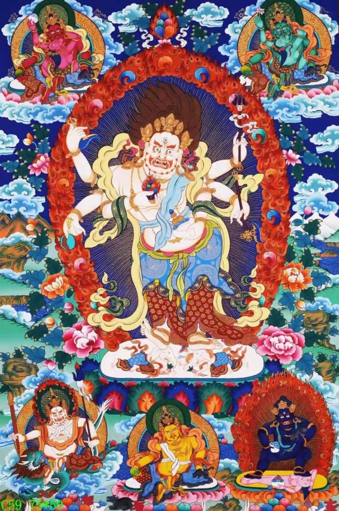 编号138-536945：彩绘唐卡-白六臂玛哈嘎拉·五方财神（75*50CM左右）
