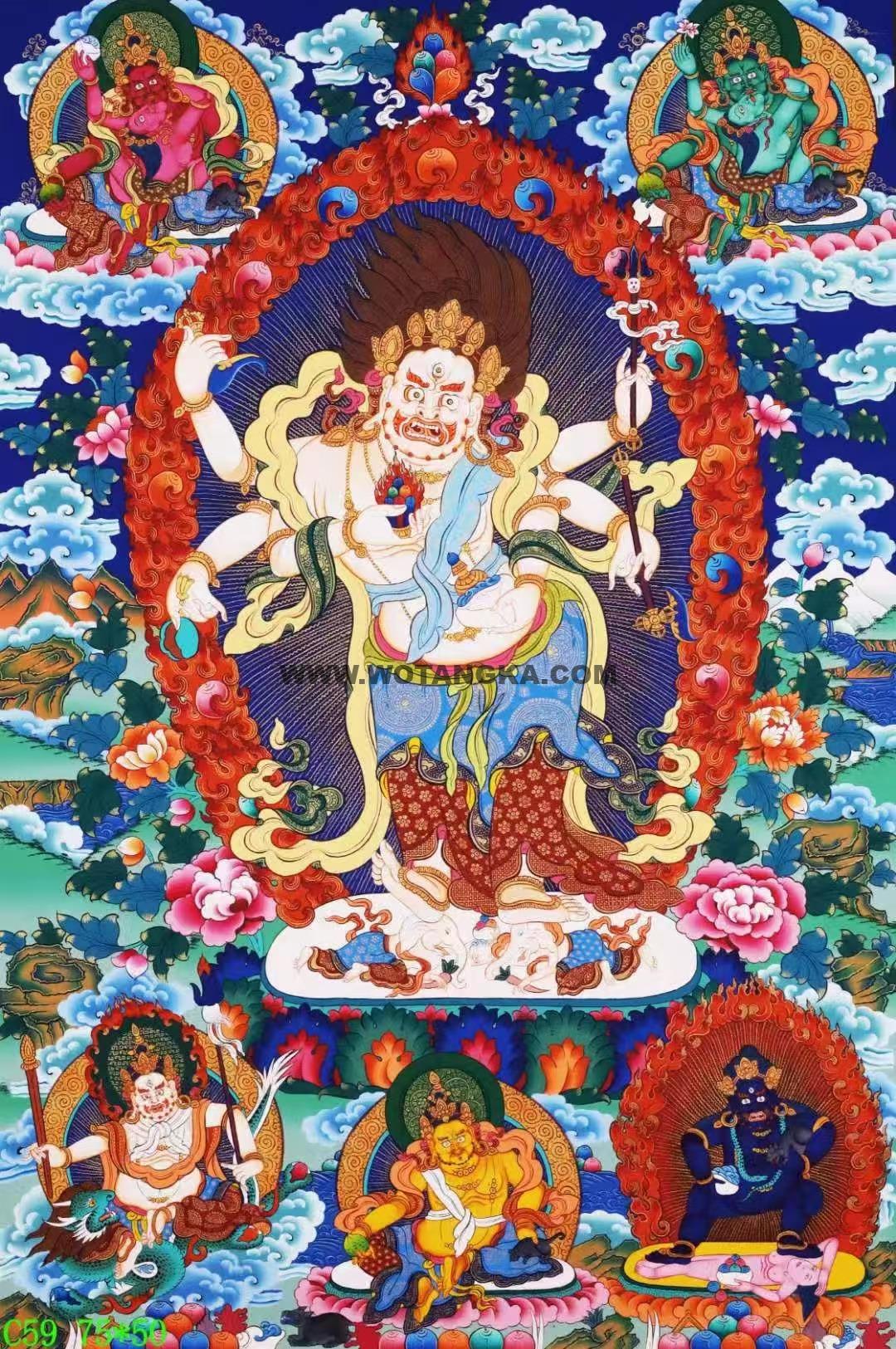 编号138-536945:彩绘唐卡-白六臂玛哈嘎拉·五方财神(75*50CM左右)