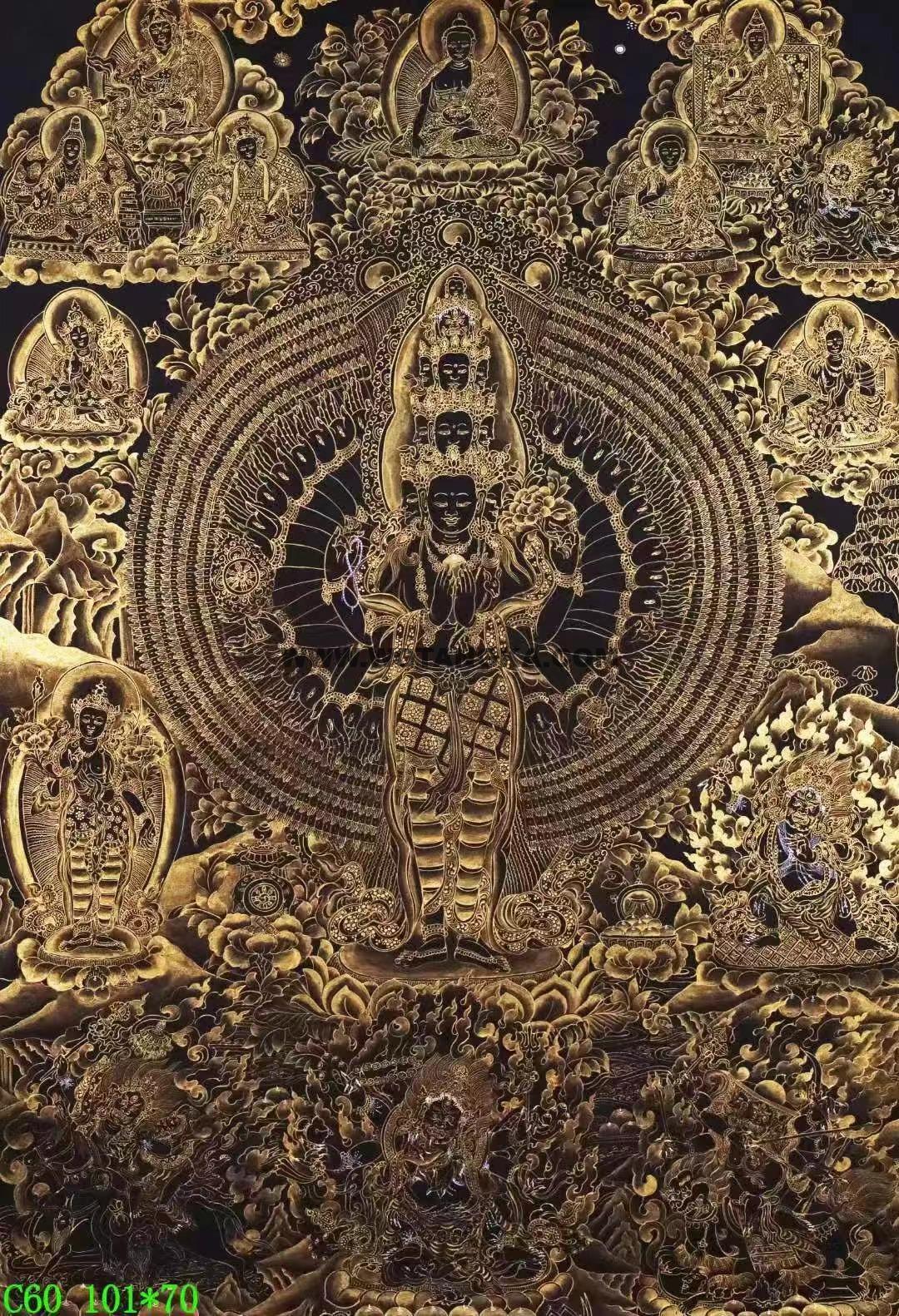编号138-756471:黑金唐卡-千手观音·三怙主(101*70CM左右)