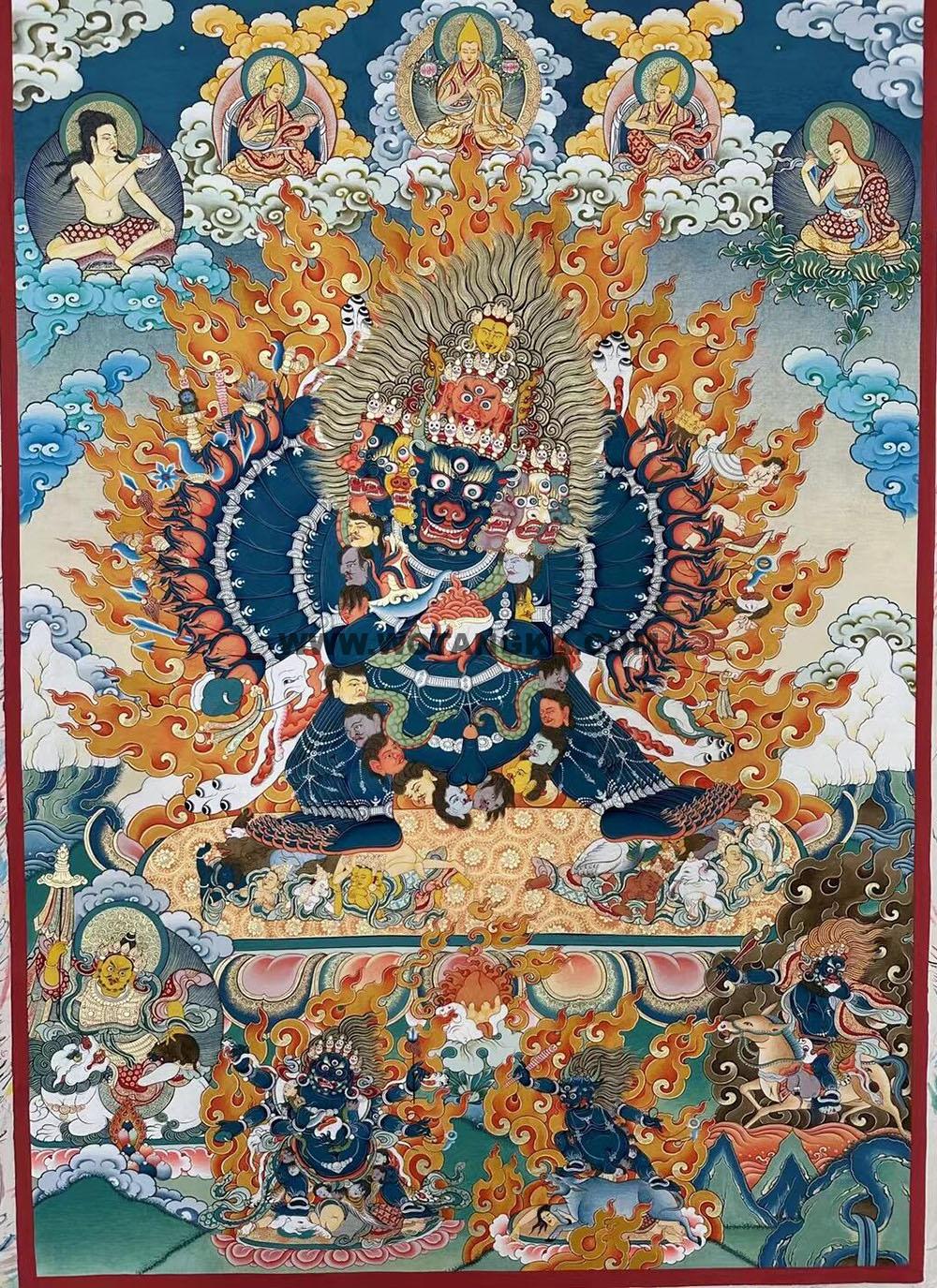 |已结缘·可定制|唐卡寄卖编号:JM·188-234514-大威德金刚宗喀巴上师众四大护法本尊供养图(彩唐)