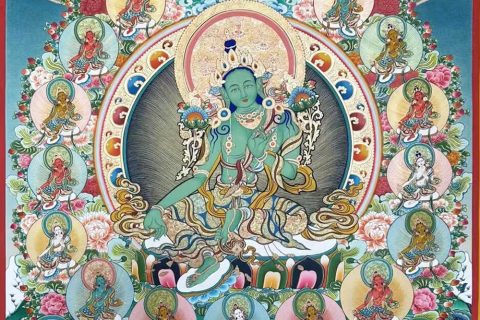 编号188-300004：彩绘唐卡-绿度母·二十一度母（120*90CM左右）