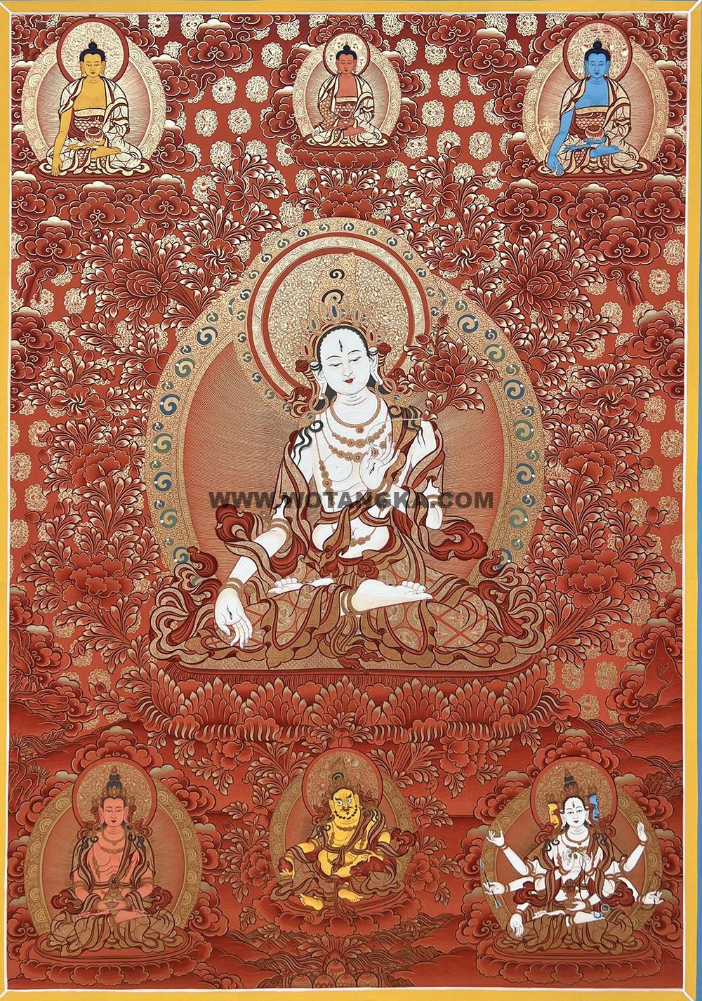 |已结缘·可定制|唐卡寄卖编号:JM·188-514809-白度母长寿尊天界三世佛吉祥财富如愿供养图(红唐)