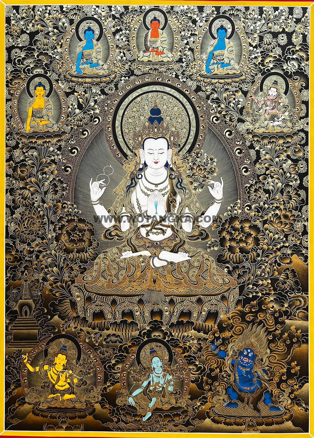 热贡-索南多杰·画院:黑金唐卡-四臂观音·三怙主(100*70CM左右)