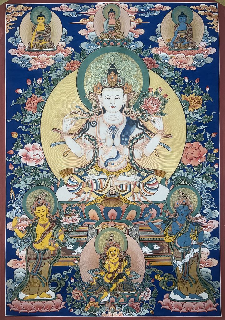 ｜已结缘·可定制｜唐卡寄卖编号：JM·188-640404-四臂观音雪域三怙主天界三世佛如意财富供养图（彩唐）