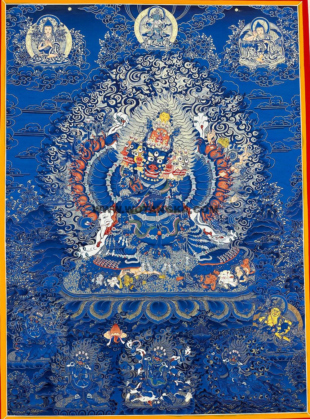 |已结缘·可定制|唐卡寄卖编号:JM·188-913030-大威德明王天界三上师五护法众吉祥本尊供养图(蓝唐)