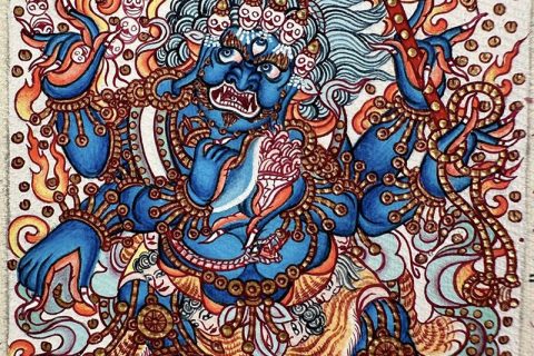 编号118-3621782：彩绘小唐卡-六臂玛哈嘎拉（长方形·5*4CM左右）