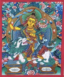 编号118-3641082：彩绘小唐卡-骑狮文殊菩萨（长方形·5*4CM左右）