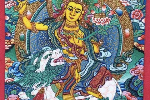 编号118-3641082：彩绘小唐卡-骑狮文殊菩萨（长方形·5*4CM左右）