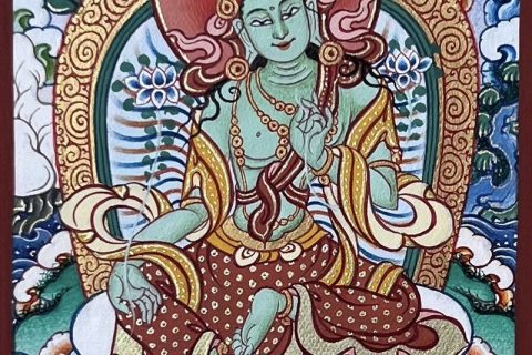 编号118-5804022：彩绘小唐卡-绿度母（长方形·5*4CM左右）