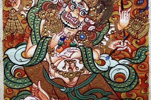 编号118-6583599：彩绘小唐卡-白六臂玛哈嘎拉（长方形·5*4CM左右）