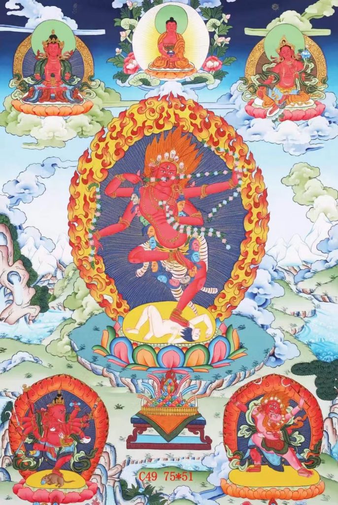 编号138-239371：彩绘唐卡-作明佛母·大红三尊（75*51CM左右）