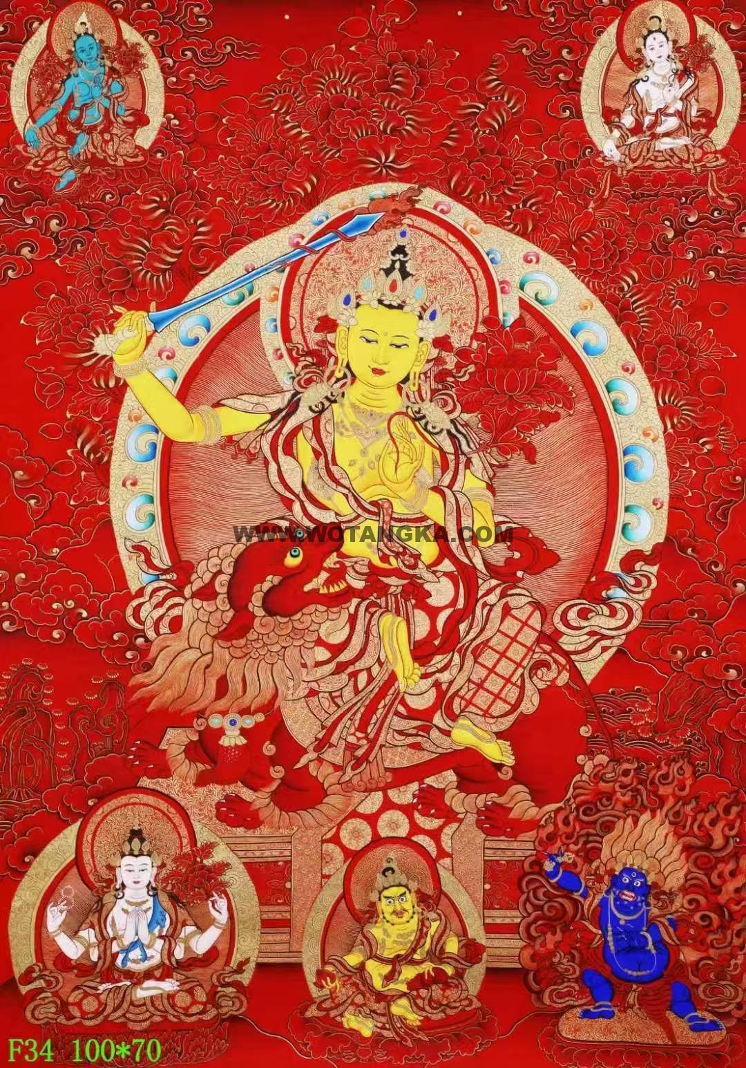 编号138-331378:红金唐卡-文殊菩萨·三怙主(100*70CM左右)