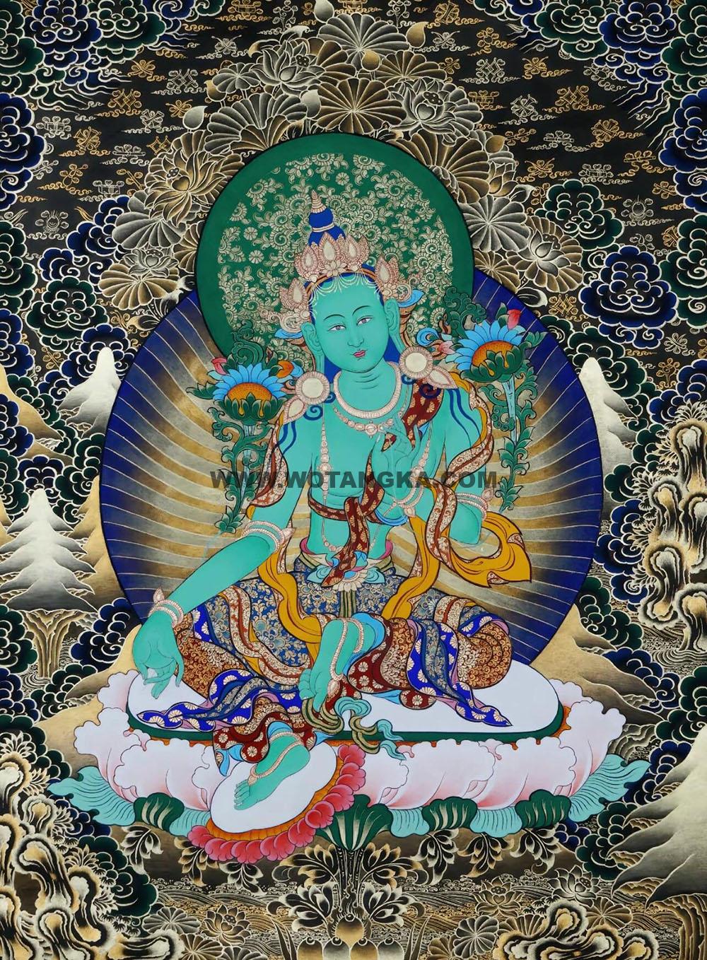 |已结缘·可定制|唐卡寄卖编号:JM·188-171967-绿度母黑金云纹金虹光法相如意平安供养图(黑唐)