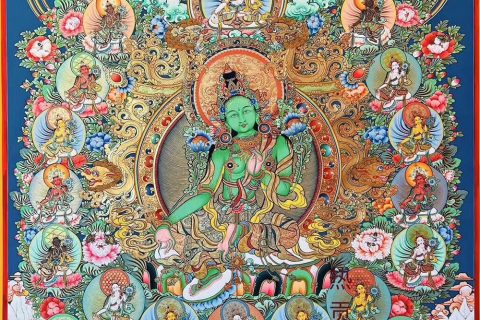 ｜已结缘·可定制｜唐卡寄卖编号：JM·188-330095-绿度母二十一度母尊阿弥陀佛化现二净土平安供养图（彩唐）