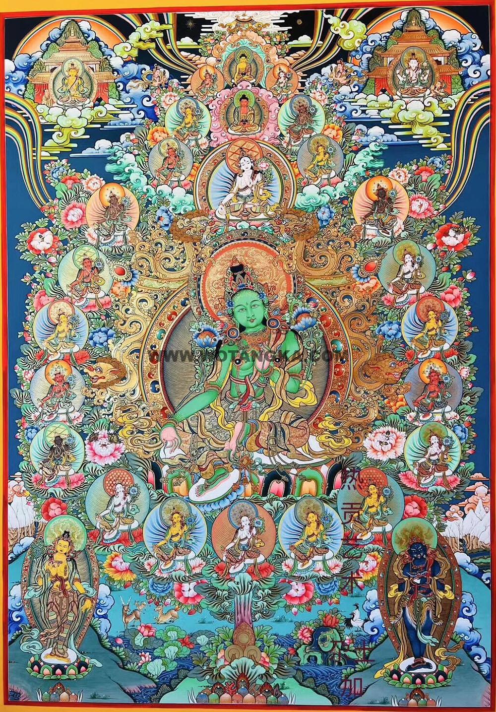 |已结缘·可定制|唐卡寄卖编号:JM·188-330095-绿度母二十一度母尊阿弥陀佛化现二净土平安供养图(彩唐)