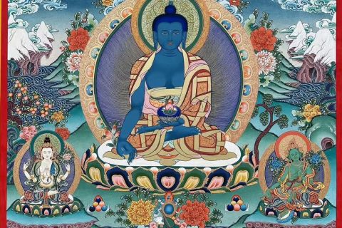 ｜已结缘·可定制｜唐卡寄卖编号：JM·188-399379-药师如来天界五佛雪域三怙主护法安康供养图（彩唐）