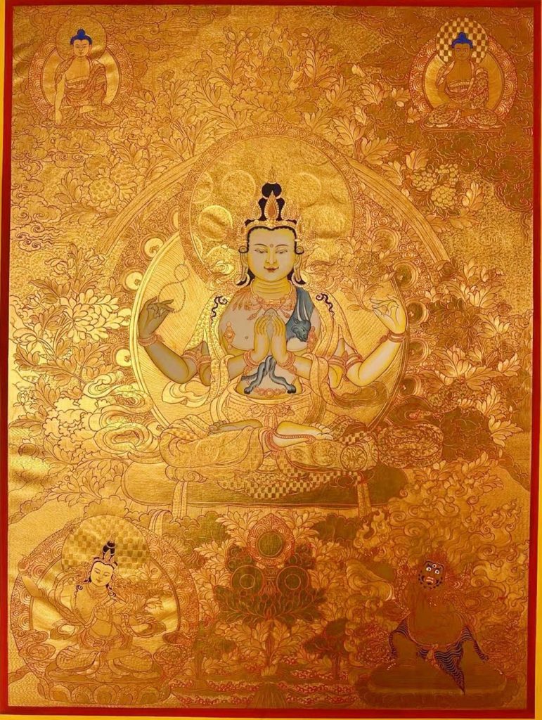 ｜已结缘·可定制｜唐卡寄卖编号：JM·188-735626-四臂观音雪域三怙主金纹花天界二佛吉祥平安供养图（金唐）