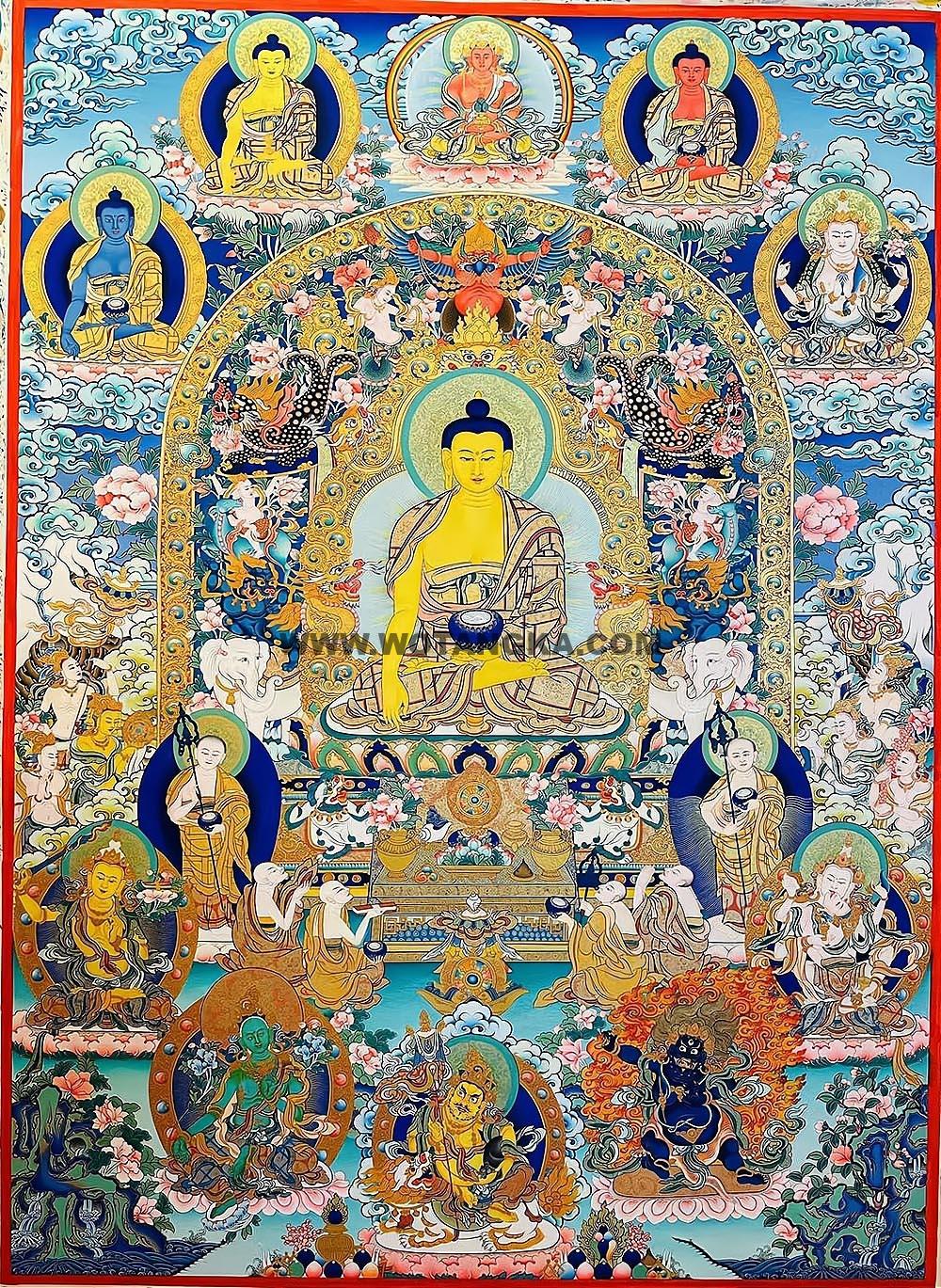 |已结缘·可定制|唐卡寄卖编号:JM·188-785828-释迦牟尼佛金轮亚字六拿宝座诸天佛菩萨吉祥供养图(彩唐)