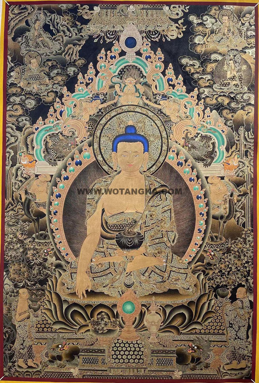 |已结缘·可定制|唐卡寄卖编号:JM·188-797010-释迦牟尼佛六拿宝座四上师听法吉祥供养图(黑唐)