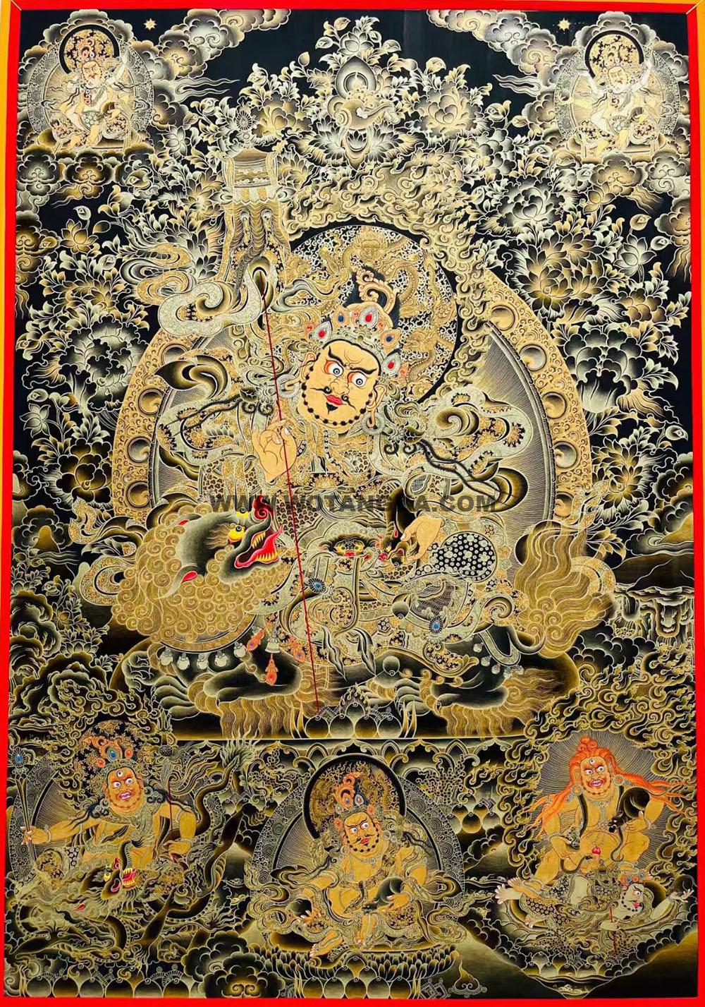 热贡-尖木措·画院:黑金唐卡-财宝天王·五方财神(100*70CM左右)