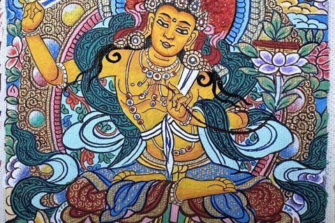 编号118-3653889：彩绘小唐卡-文殊菩萨（长方形·5*4CM左右）