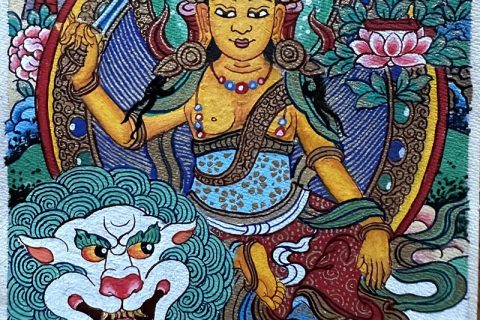 编号118-4584848：彩绘小唐卡-骑狮文殊菩萨（长方形·5*4CM左右）