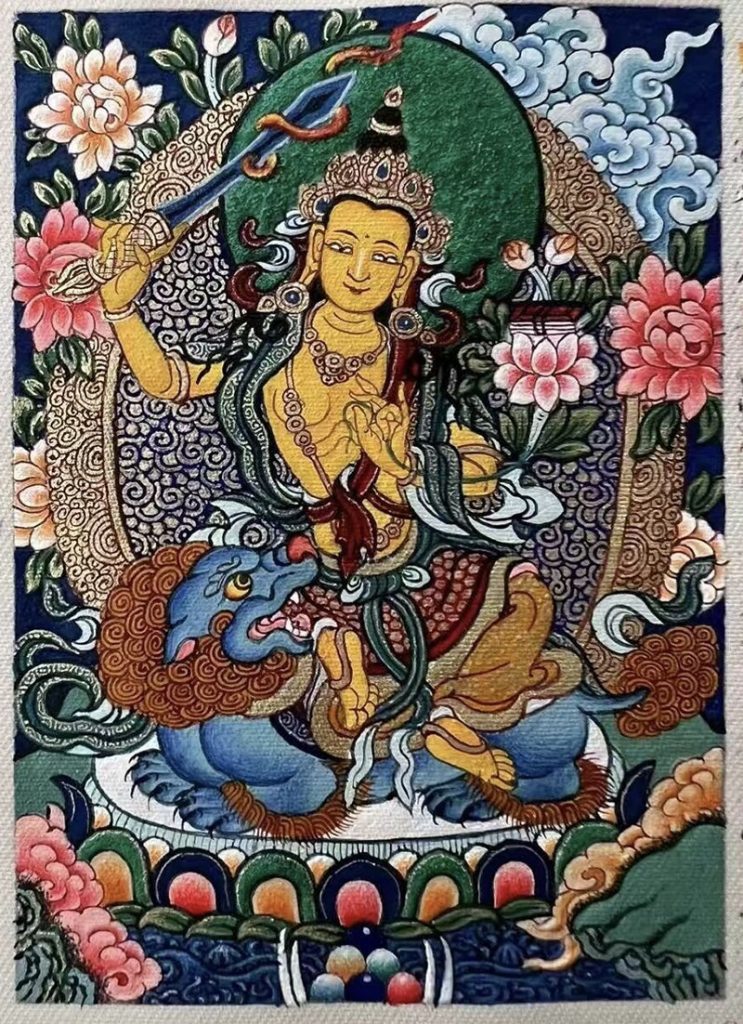 编号118-5051839：彩绘小唐卡-骑狮文殊菩萨（长方形·5*4CM左右）