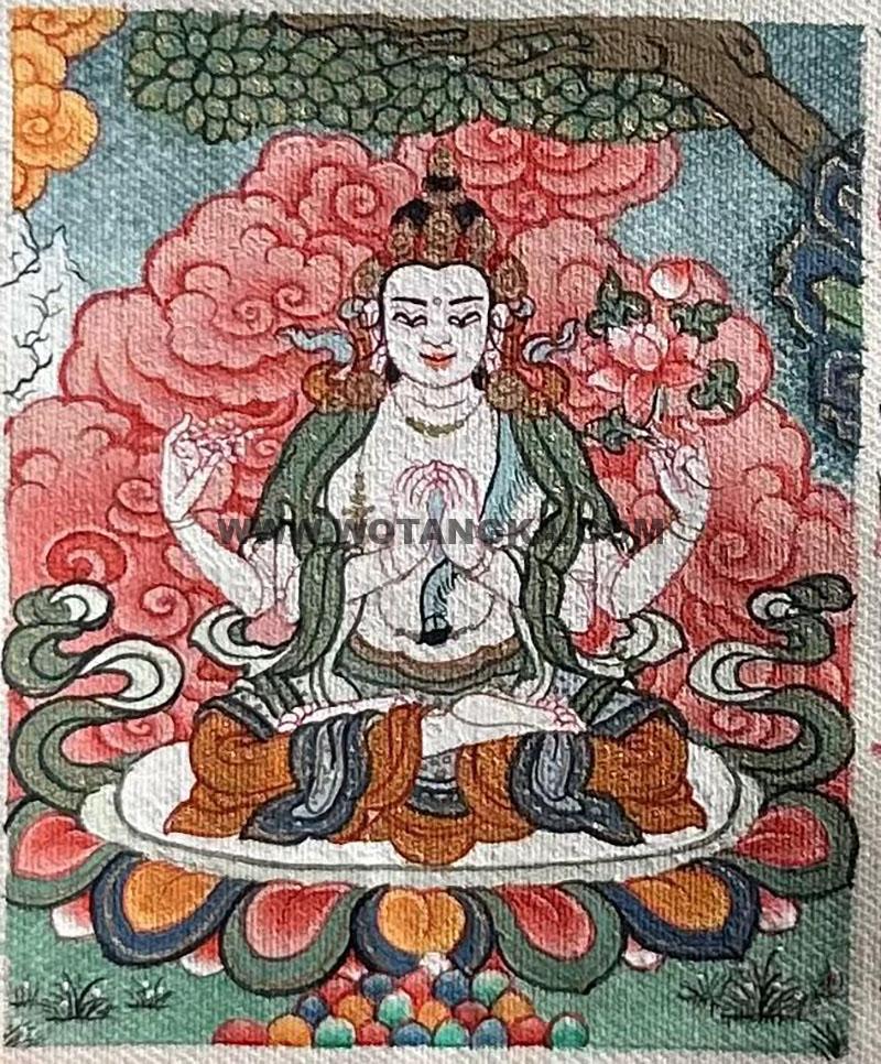 编号118-8918758：彩绘小唐卡-四臂观音（长方形·5*4CM左右）