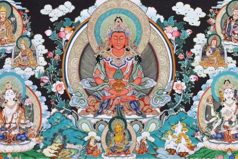 编号138-177838：彩绘唐卡-长寿佛·长寿三尊（75*148CM左右）