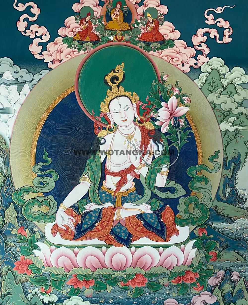 |已结缘·可定制|唐卡寄卖编号:JM·188-128425-白度母吉祥莲台海天界三师吉祥平安供养图(彩唐)