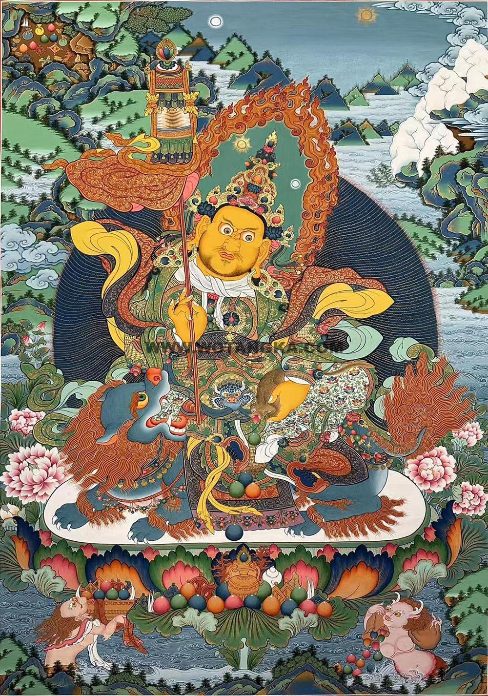 |已结缘·可定制|唐卡寄卖编号:JM·188-129137-财宝天王水族二夜叉献宝吉祥财富供养图(彩唐)