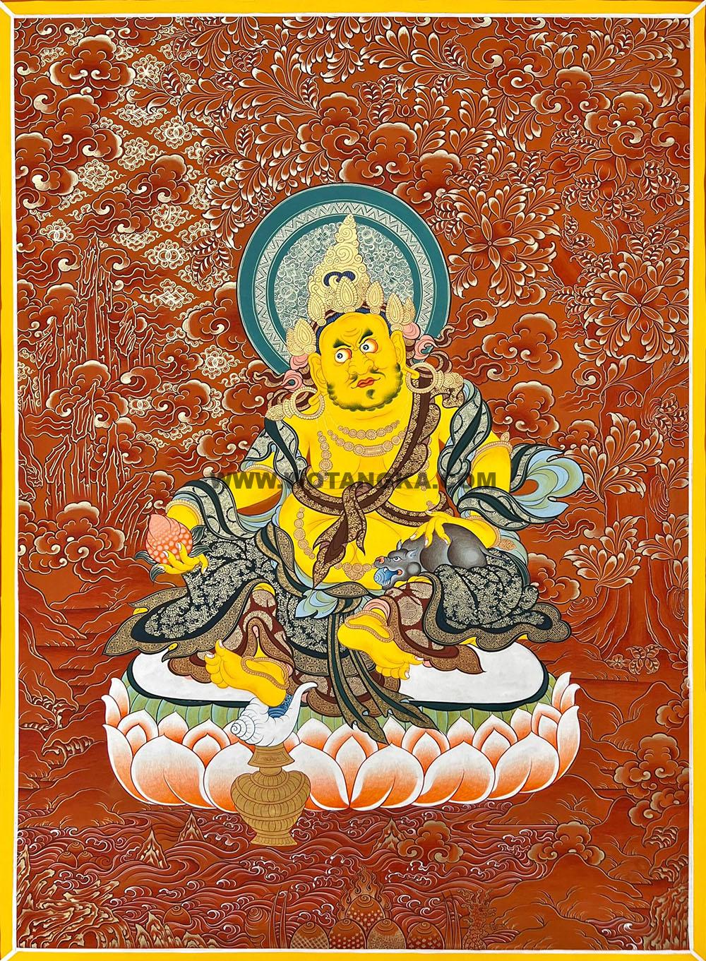 |已结缘·可定制|唐卡寄卖编号:JM·188-133779-黄财神红云纹莲吉祥财富供养图(红唐)